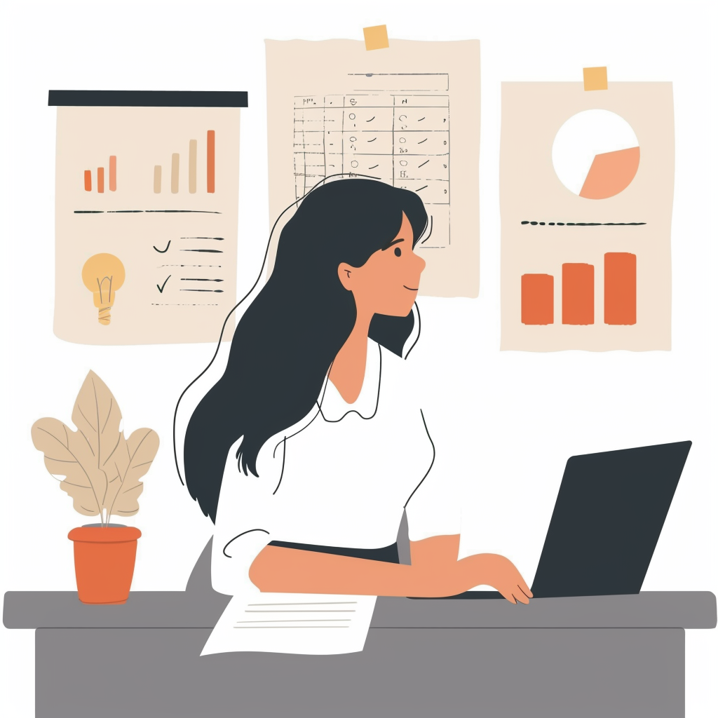 Illustration of a girl happily sitting on a desk working with her laptop. There are charts and graphics on the wall
